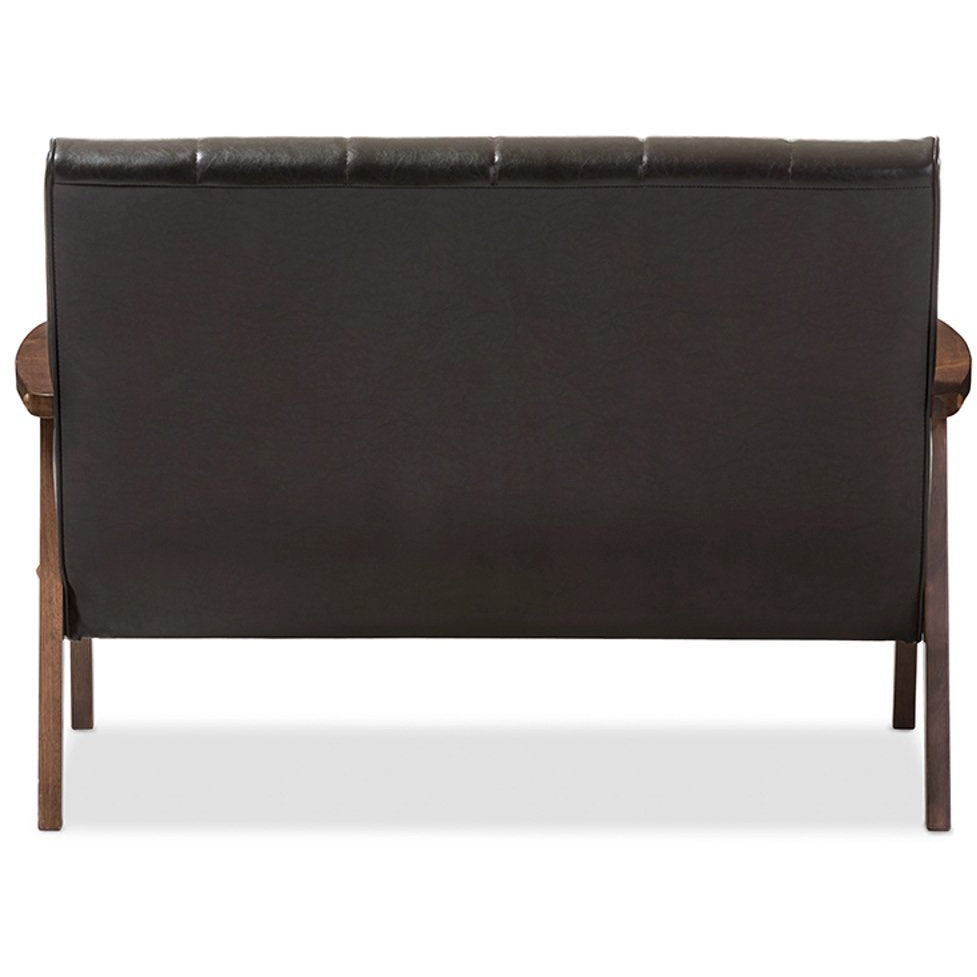 Baxton Studio Nikko Mid-century Modern Scandinavian Style Dark Brown Faux Leather Wooden 2-Seater Loveseat Baxton Studio-sofas-Minimal And Modern - 4