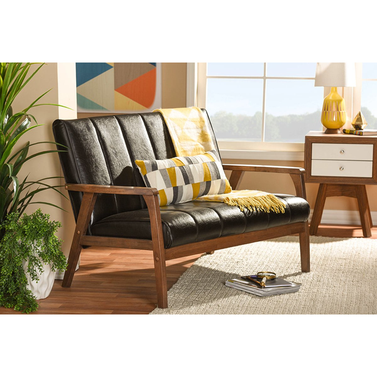 Baxton Studio Nikko Mid-century Modern Scandinavian Style Dark Brown Faux Leather Wooden 2-Seater Loveseat Baxton Studio-sofas-Minimal And Modern - 5