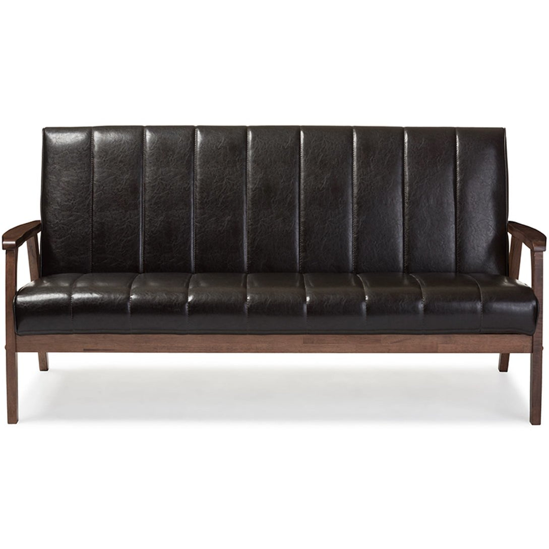 Baxton Studio Nikko Mid-century Modern Scandinavian Style Dark Brown Faux Leather Wooden 3-Seater Sofa Baxton Studio-sofas-Minimal And Modern - 1