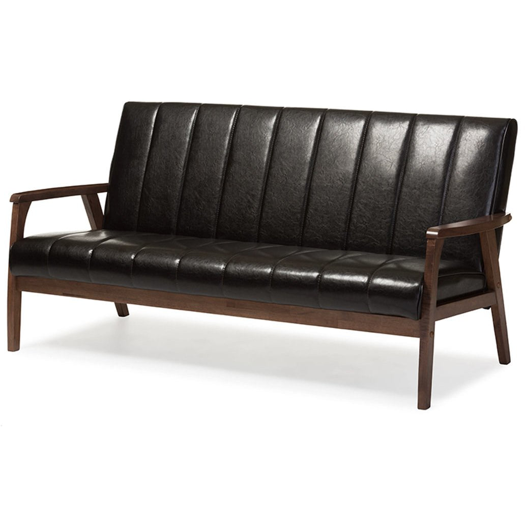 Baxton Studio Nikko Mid-century Modern Scandinavian Style Dark Brown Faux Leather Wooden 3-Seater Sofa Baxton Studio-sofas-Minimal And Modern - 2