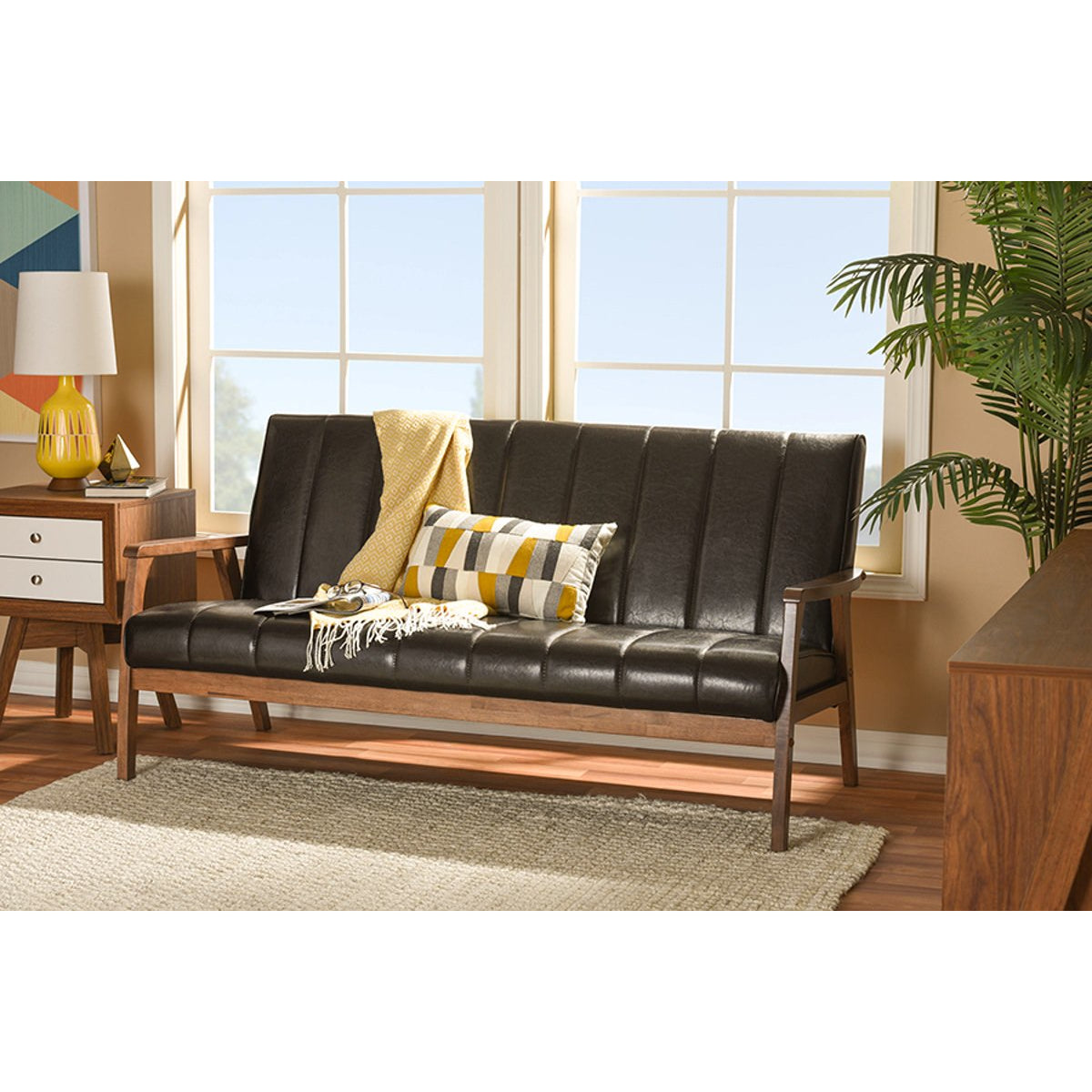 Baxton Studio Nikko Mid-century Modern Scandinavian Style Dark Brown Faux Leather Wooden 3-Seater Sofa Baxton Studio-sofas-Minimal And Modern - 5