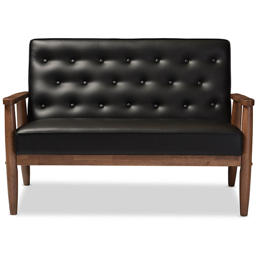 Baxton Studio Sorrento Mid-century Retro Modern Black Faux Leather Upholstered Wooden 2-seater Loveseat Baxton Studio-sofas-Minimal And Modern - 1