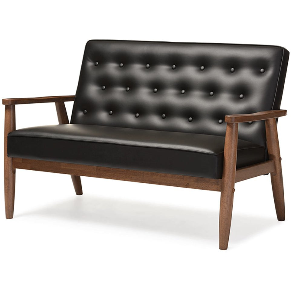 Baxton Studio Sorrento Mid-century Retro Modern Black Faux Leather Upholstered Wooden 2-seater Loveseat Baxton Studio-sofas-Minimal And Modern - 2