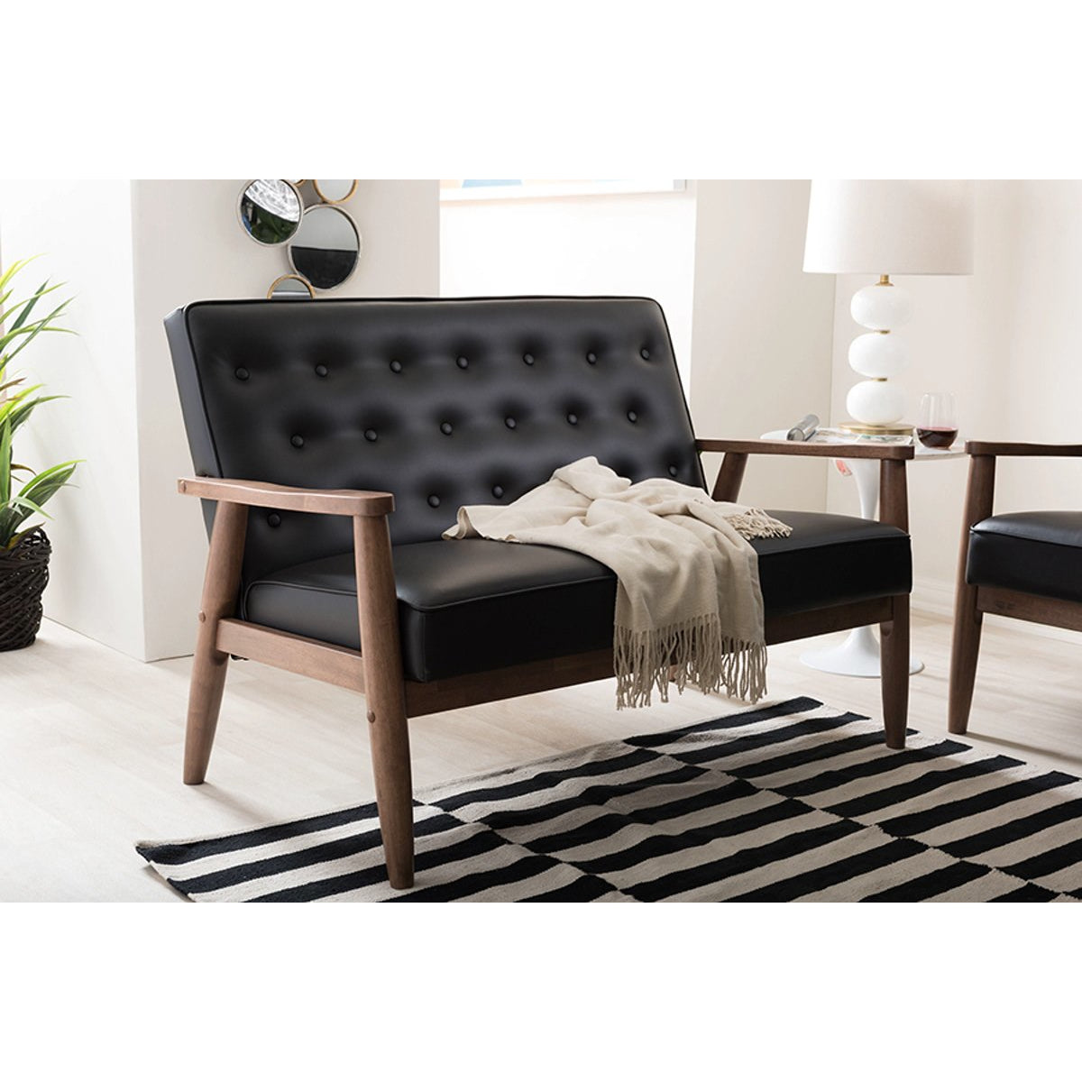 Baxton Studio Sorrento Mid-century Retro Modern Black Faux Leather Upholstered Wooden 2-seater Loveseat Baxton Studio-sofas-Minimal And Modern - 5