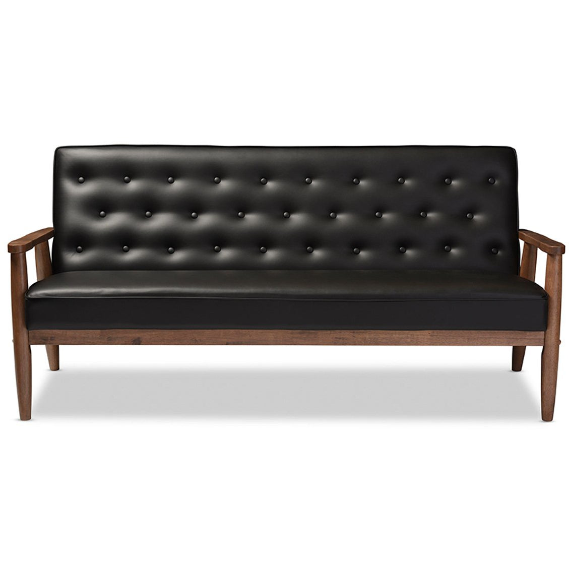 Baxton Studio Sorrento Mid-century Retro Modern Black Faux Leather Upholstered Wooden 3-seater Sofa Baxton Studio-sofas-Minimal And Modern - 1