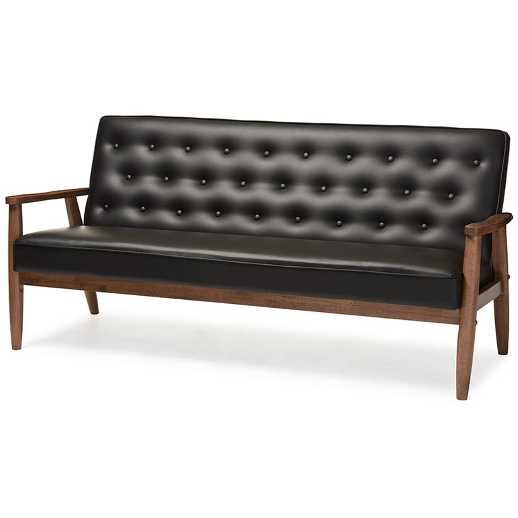 Baxton Studio Sorrento Mid-century Retro Modern Black Faux Leather Upholstered Wooden 3-seater Sofa Baxton Studio-sofas-Minimal And Modern - 2