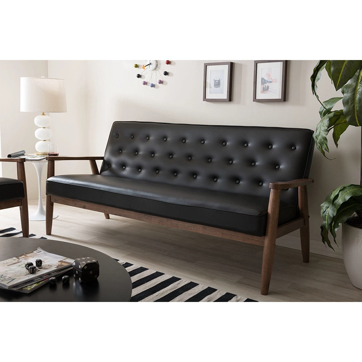 Baxton Studio Sorrento Mid-century Retro Modern Black Faux Leather Upholstered Wooden 3-seater Sofa Baxton Studio-sofas-Minimal And Modern - 5