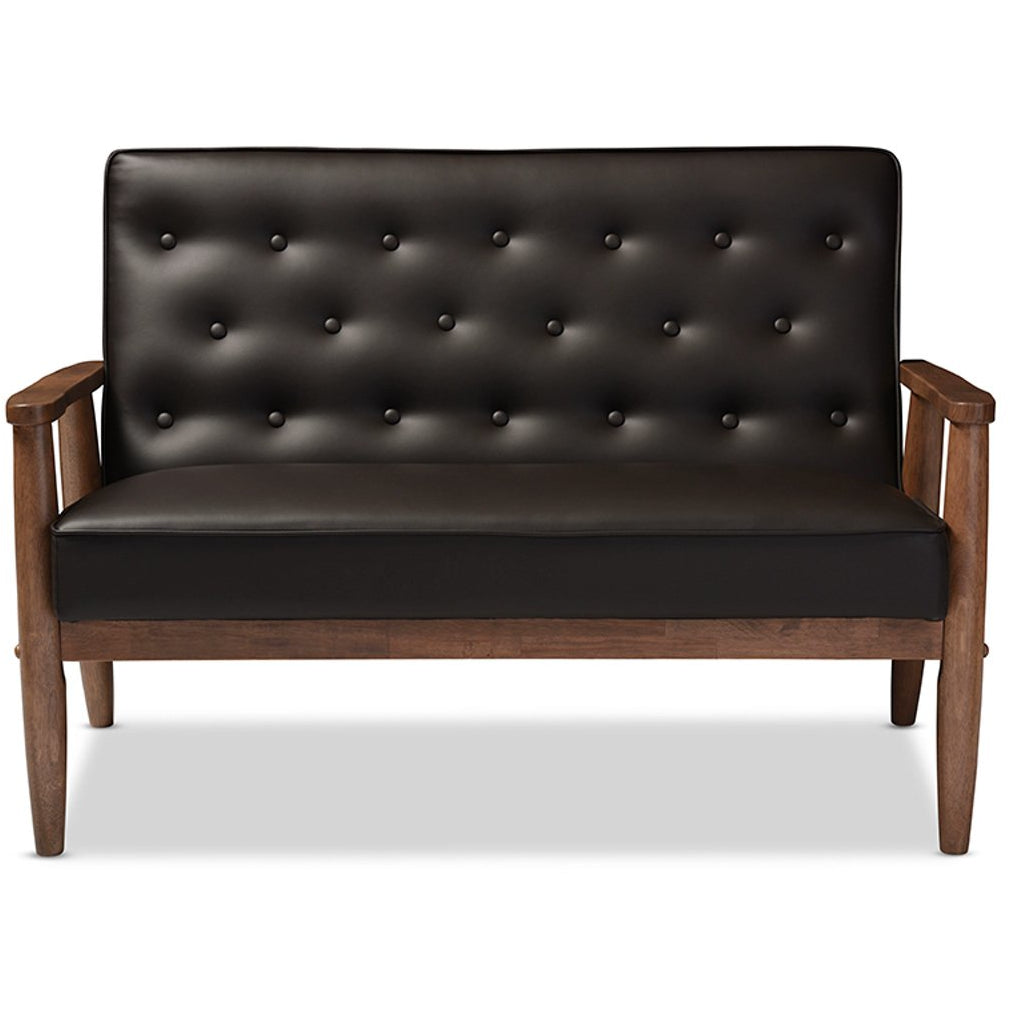 Baxton Studio Sorrento Mid-century Retro Modern Brown Faux Leather Upholstered Wooden 2-seater Loveseat Baxton Studio-sofas-Minimal And Modern - 1