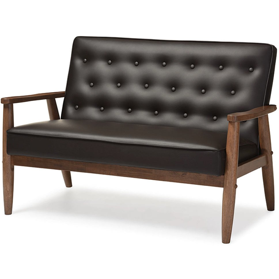 Baxton Studio Sorrento Mid-century Retro Modern Brown Faux Leather Upholstered Wooden 2-seater Loveseat Baxton Studio-sofas-Minimal And Modern - 2