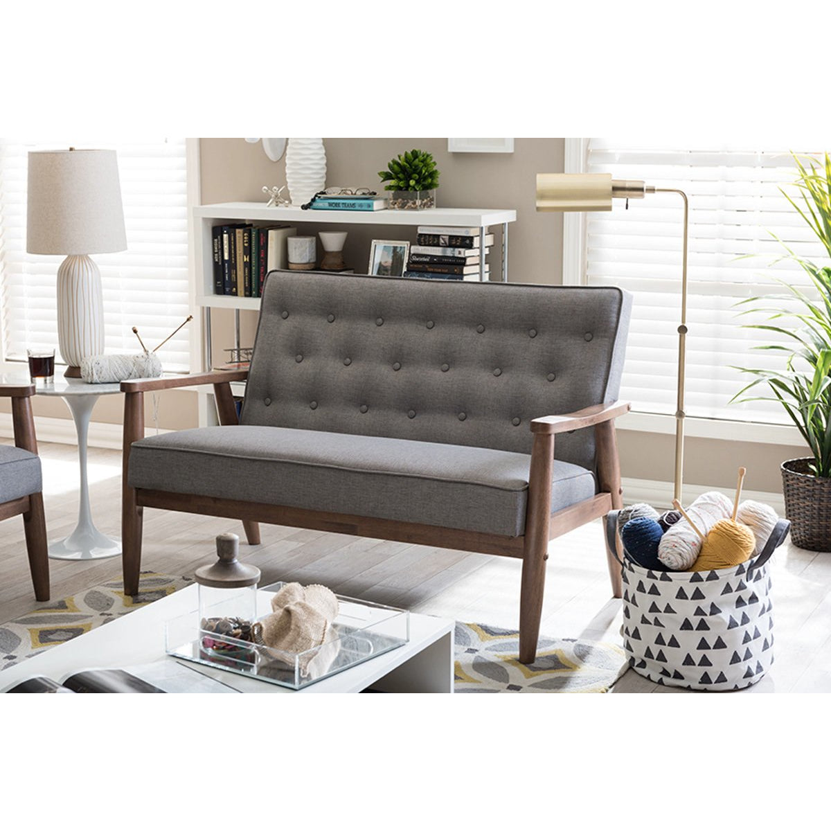 Baxton Studio Sorrento Mid-century Retro Modern Grey Fabric Upholstered Wooden 2-seater Loveseat Baxton Studio-sofas-Minimal And Modern - 5