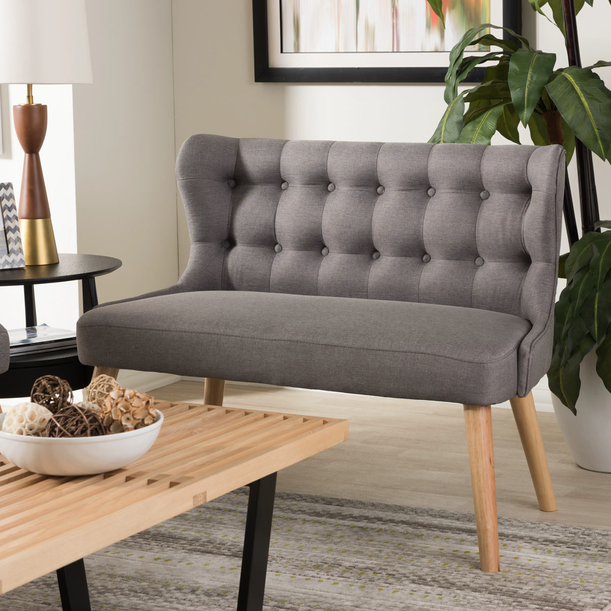 Baxton Studio Melody Mid-Century Modern Grey Fabric and Natural Wood Finishing 2-Seater Settee Bench Baxton Studio-sofas-Minimal And Modern - 1