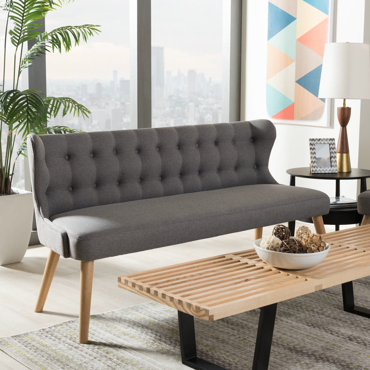 Baxton Studio Melody Mid-Century Modern Grey Fabric and Natural Wood Finishing 3-Seater Settee Bench Baxton Studio-sofas-Minimal And Modern - 1