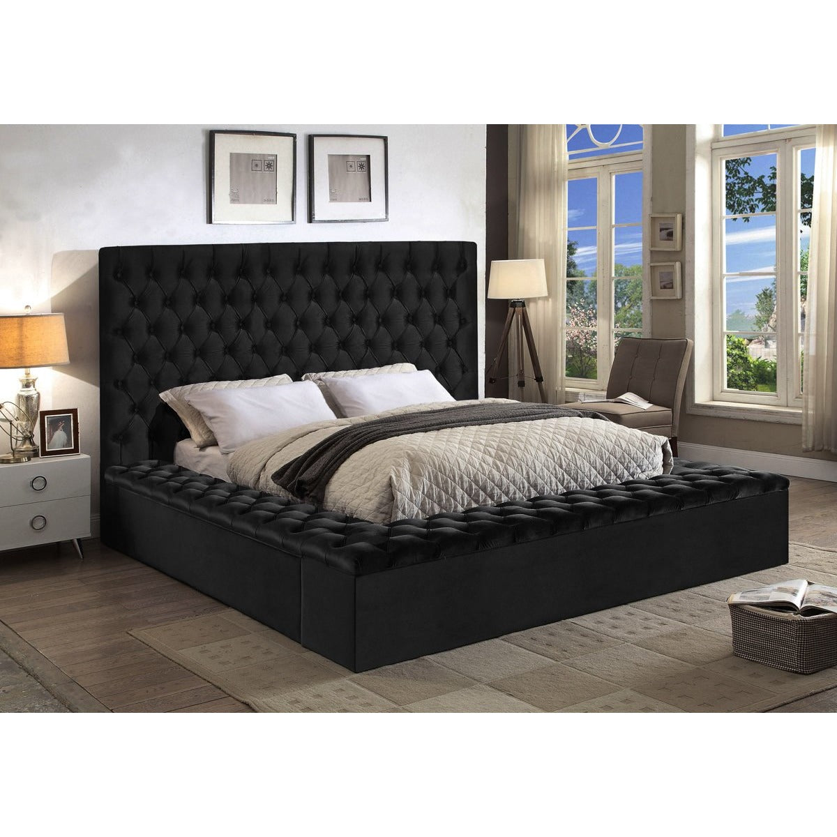 Meridian Furniture Bliss Black Velvet Queen Bed (3 Boxes)-Minimal & Modern