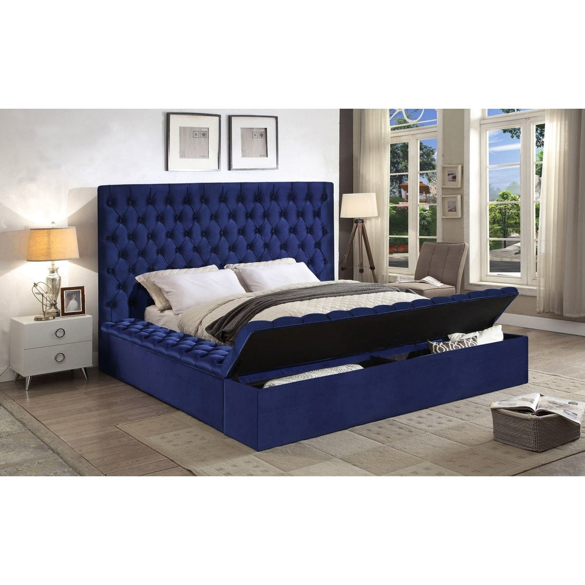 Meridian Furniture Bliss Navy Velvet Queen Bed (3 Boxes)-Minimal & Modern