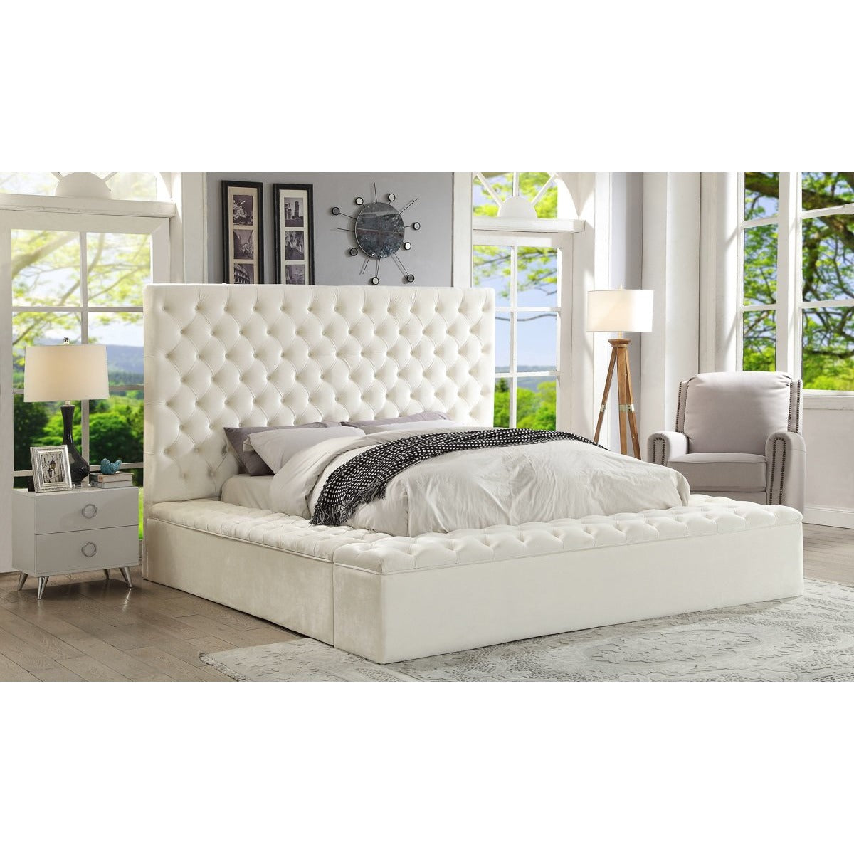 Meridian Furniture Bliss White Velvet Queen Bed (3 Boxes)-Minimal & Modern