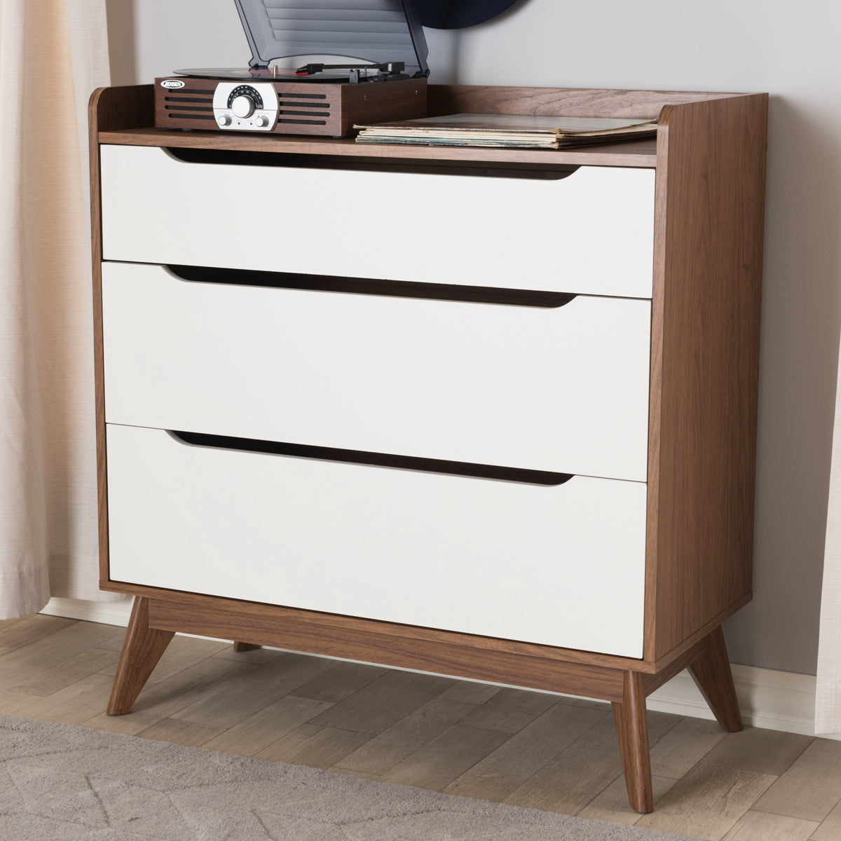 Baxton Studio Brighton Mid-Century Modern White and Walnut Wood 3-Drawer Storage Chest Baxton Studio-Dresser-Minimal And Modern - 1