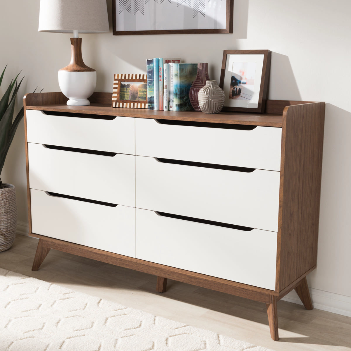 Baxton Studio Brighton Mid-Century Modern White and Walnut Wood 6-Drawer Storage Dresser Baxton Studio-Dresser-Minimal And Modern - 1