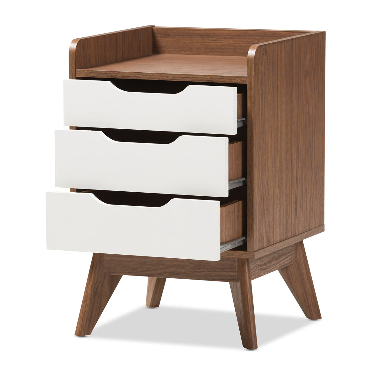 Baxton Studio Brighton Mid-Century Modern White and Walnut Wood 3-Drawer Storage Nightstand Baxton Studio-nightstands-Minimal And Modern - 3