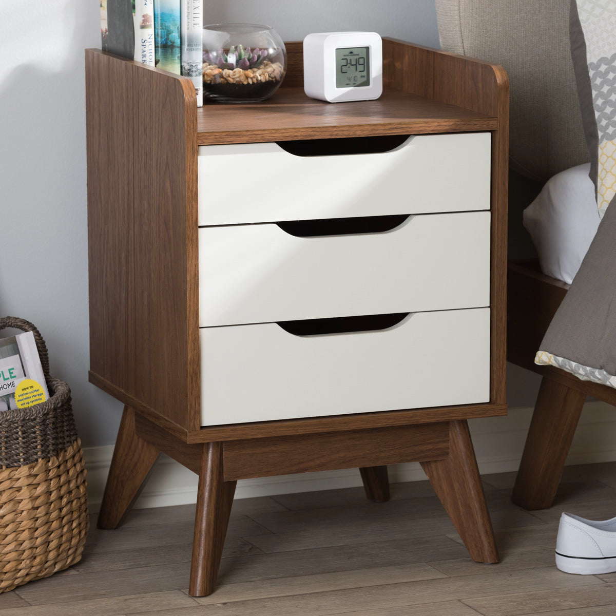 Baxton Studio Brighton Mid-Century Modern White and Walnut Wood 3-Drawer Storage Nightstand Baxton Studio-nightstands-Minimal And Modern - 1