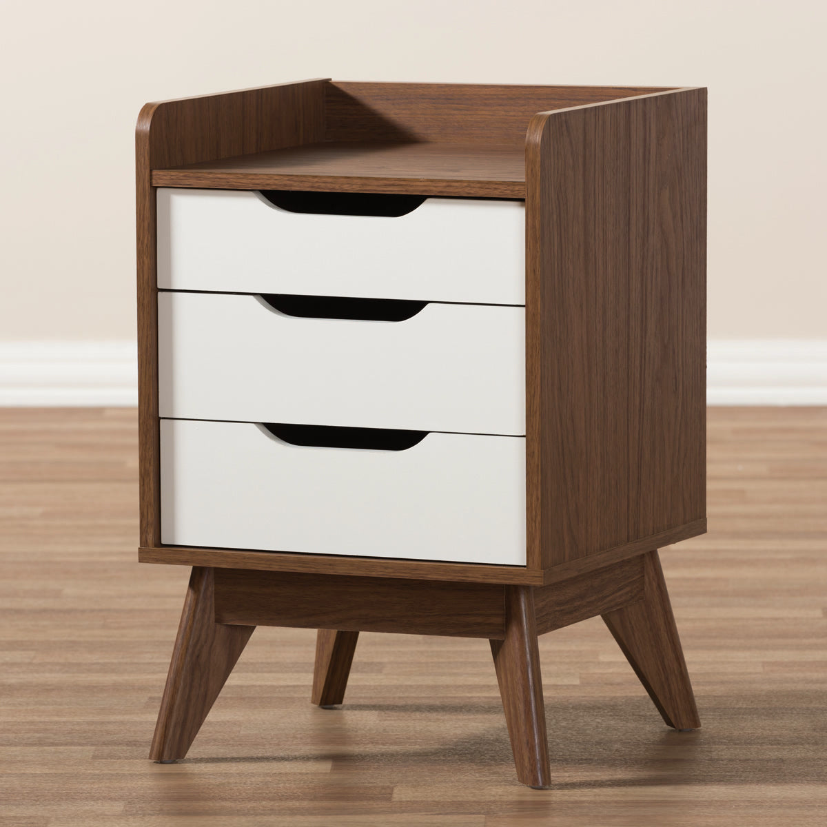 Baxton Studio Brighton Mid-Century Modern White and Walnut Wood 3-Drawer Storage Nightstand Baxton Studio-nightstands-Minimal And Modern - 7