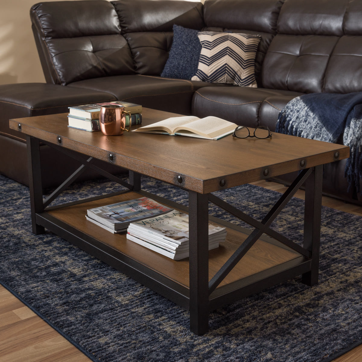 Baxton Studio Herzen Rustic Industrial Style Antique Black Textured Finished Metal Distressed Wood Occasional Cocktail Coffee Table Baxton Studio-coffee tables-Minimal And Modern - 1