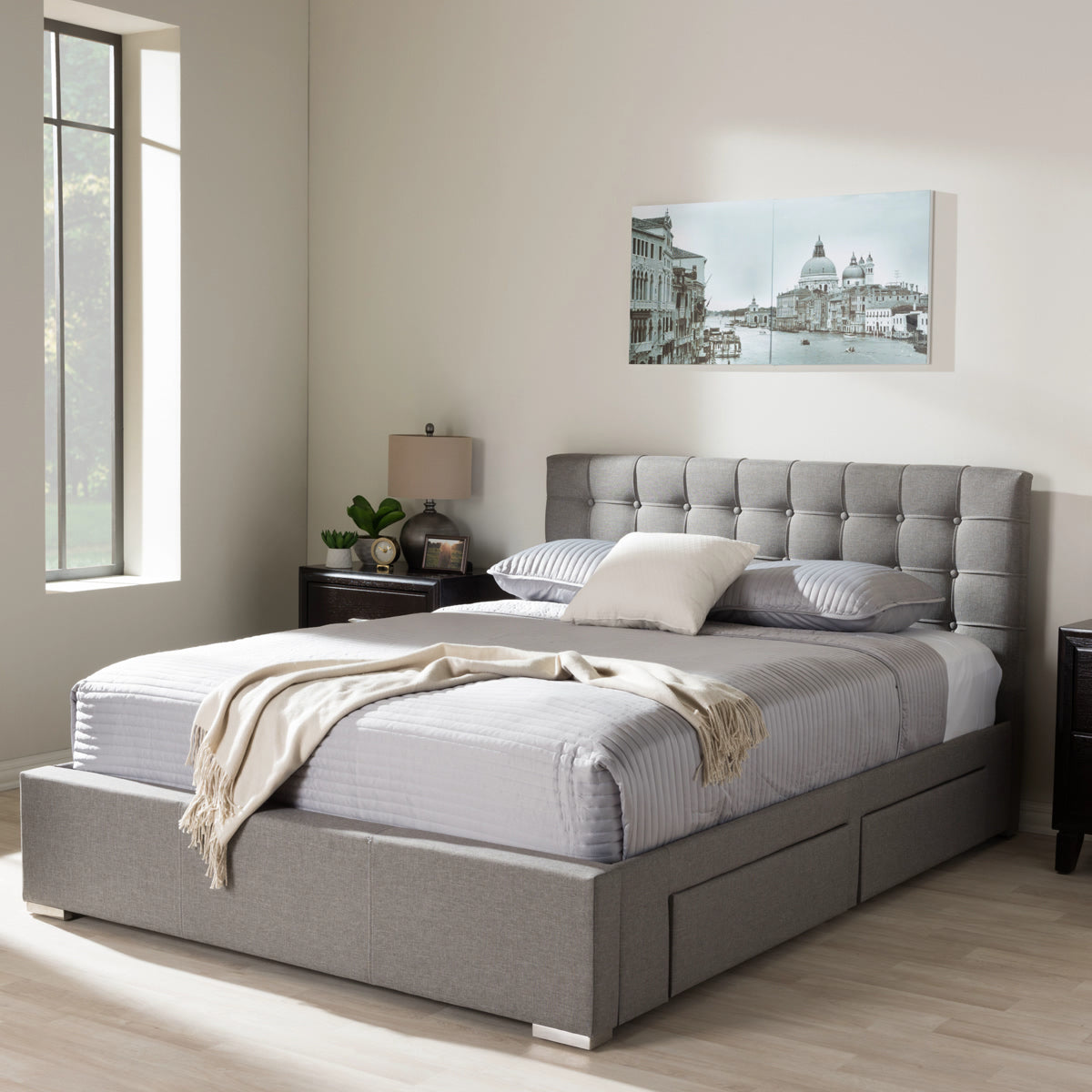 Baxton Studio Rene Modern and Contemporary King Size Grey Fabric 4-drawer Storage Platform Bed 
 Baxton Studio-King Bed-Minimal And Modern - 1