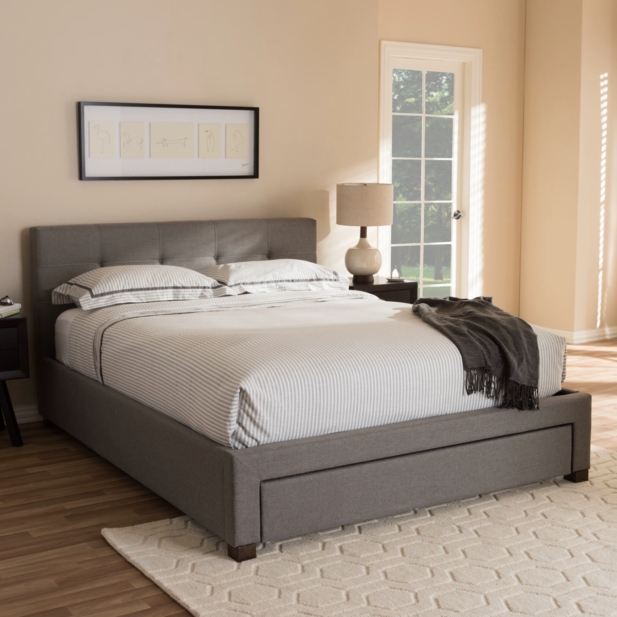 Baxton Studio Brandy Modern and Contemporary Grey Fabric Upholstered Queen Size Platform Bed with Storage Drawer Baxton Studio-Queen Bed-Minimal And Modern - 1