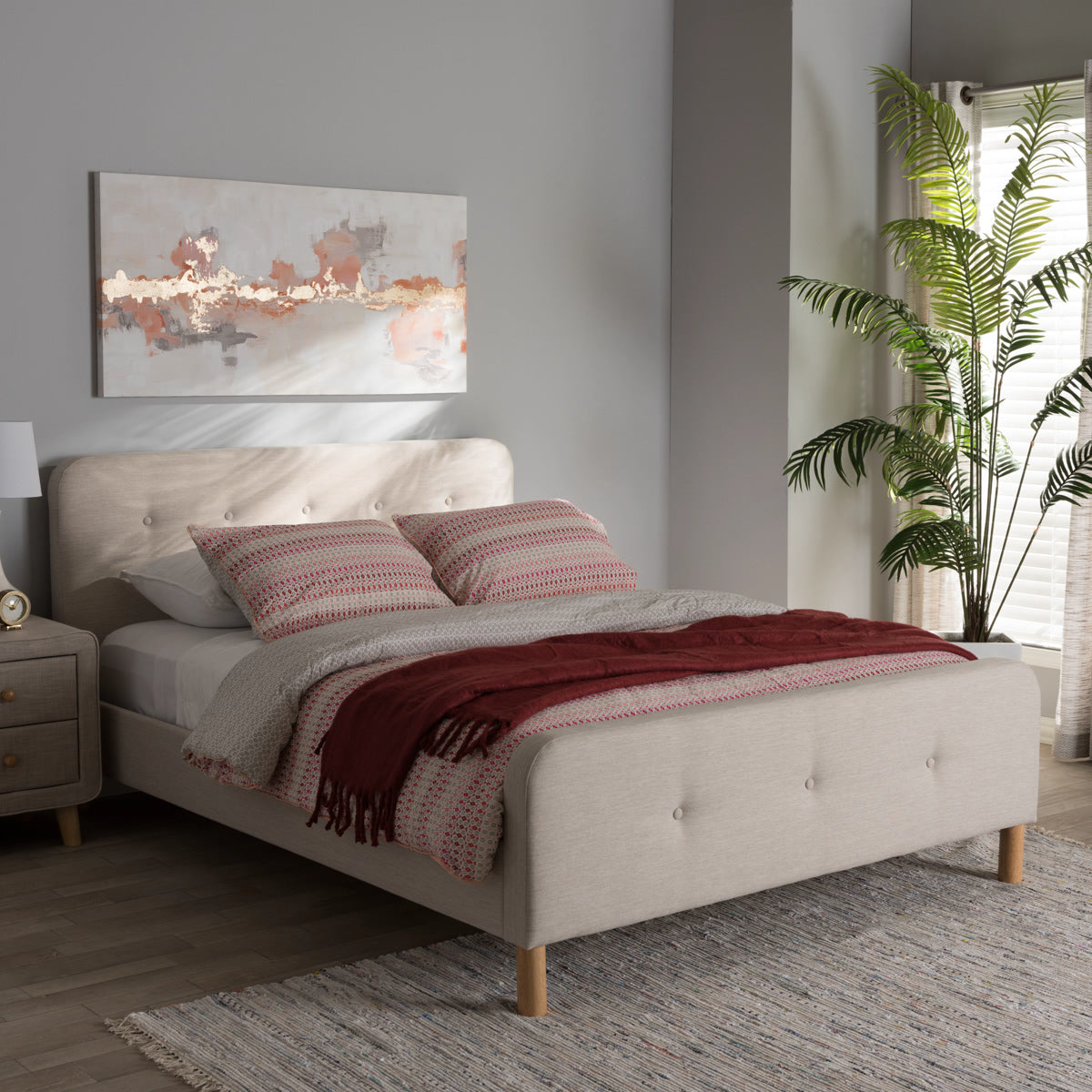 Baxton Studio Samson Mid-Century Light Beige Fabric Upholstered Full Size Platform Bed Baxton Studio-Full Bed-Minimal And Modern - 7