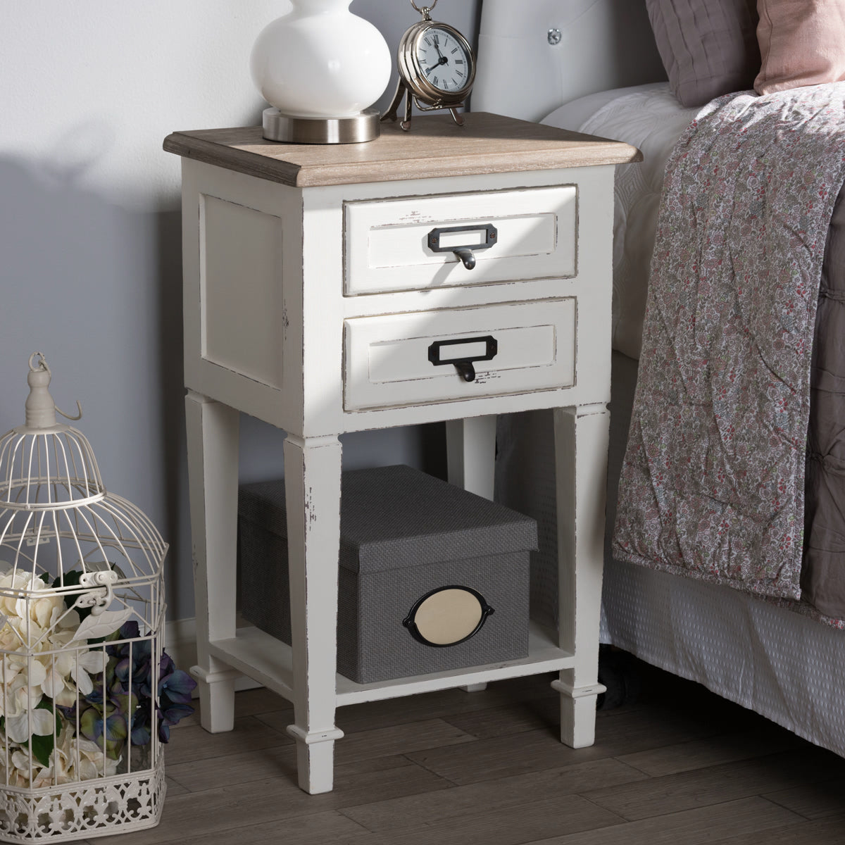 Baxton Studio Dauphine Provincial Style Weathered Oak and White Wash Distressed Finish Wood Nightstand  Baxton Studio-nightstands-Minimal And Modern - 1