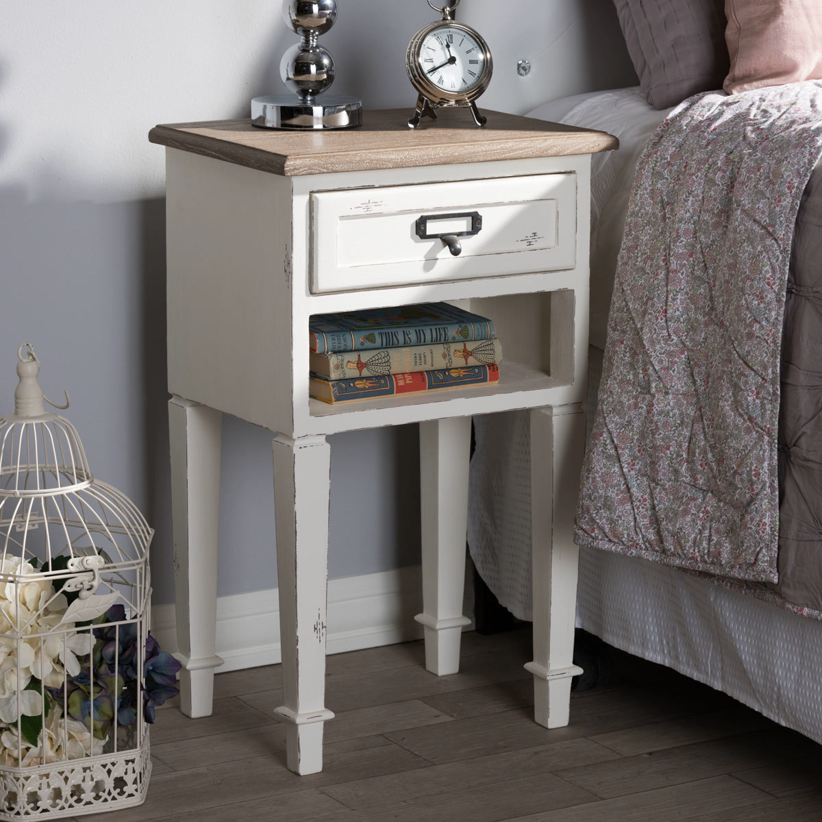 Baxton Studio Dauphine Provincial Style Weathered Oak and White Wash Distressed Finish Wood Nightstand  Baxton Studio-nightstands-Minimal And Modern - 1