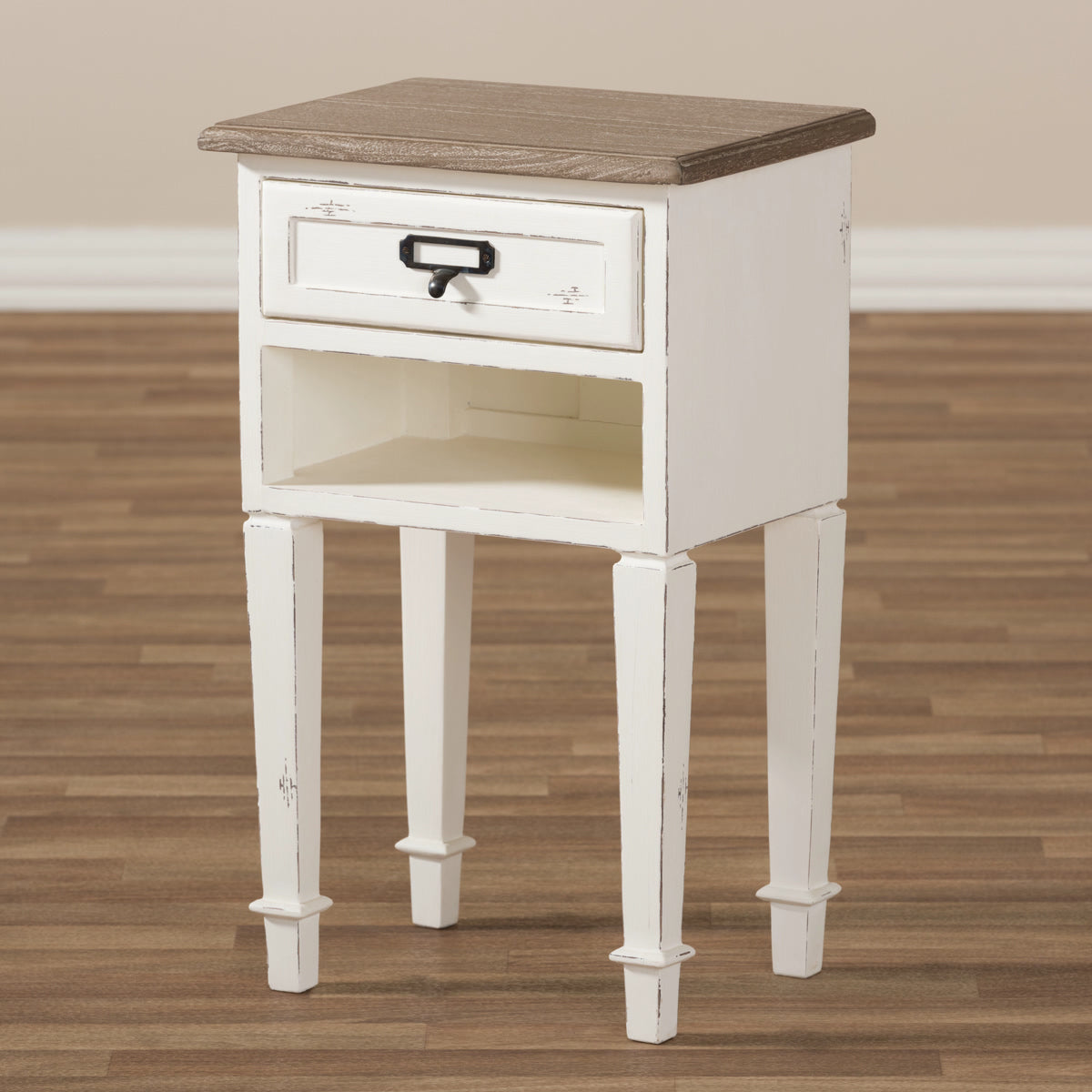 Baxton Studio Dauphine Provincial Style Weathered Oak and White Wash Distressed Finish Wood Nightstand  Baxton Studio-nightstands-Minimal And Modern - 7