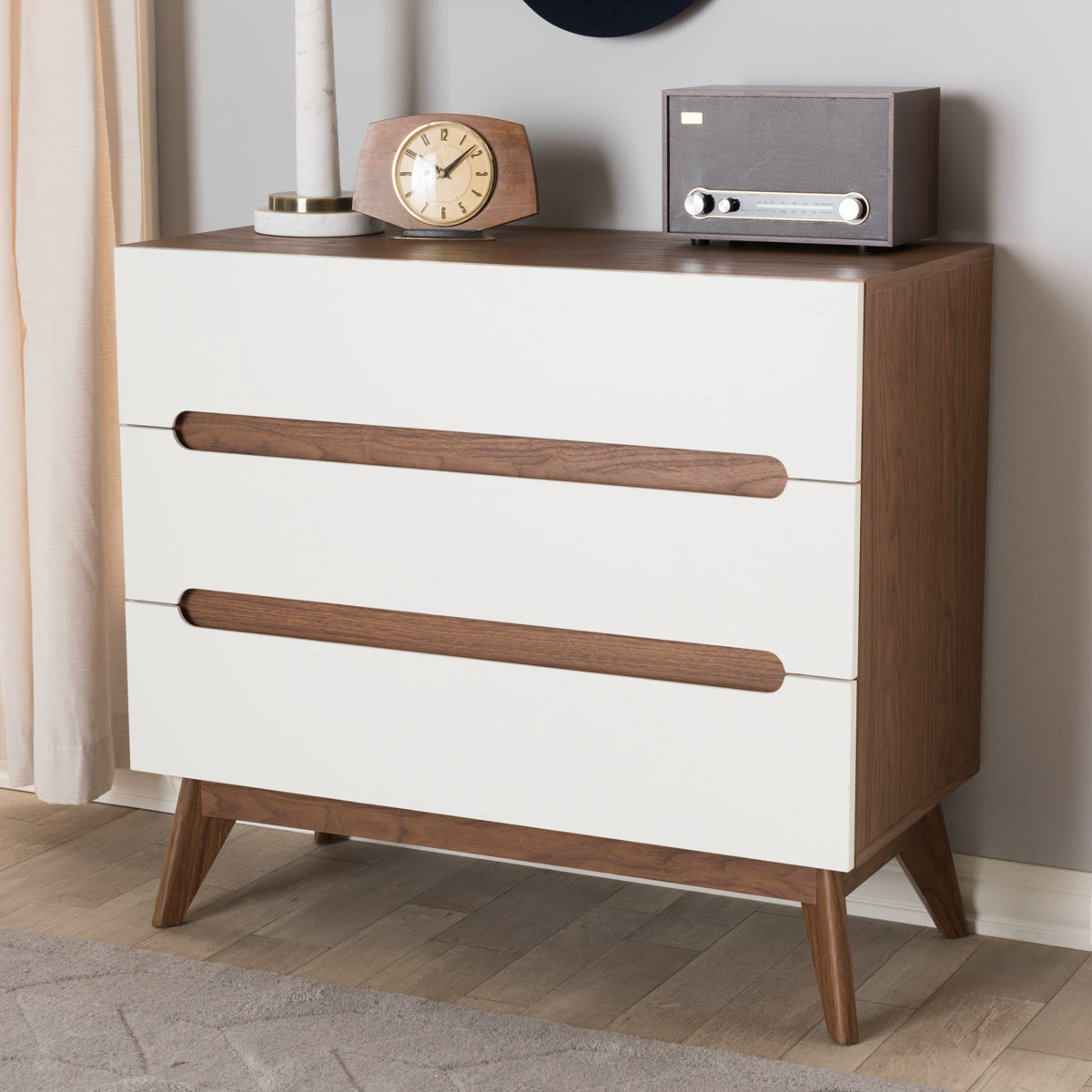 Baxton Studio Calypso Mid-Century Modern White and Walnut Wood 3-Drawer Storage Chest Baxton Studio-Dresser-Minimal And Modern - 1