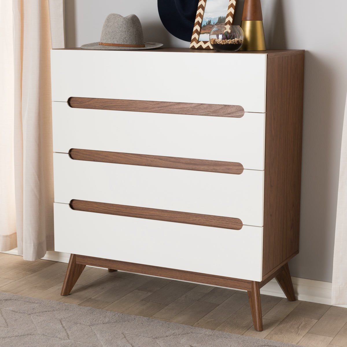 Baxton Studio Calypso Mid-Century Modern White and Walnut Wood 4-Drawer Storage Chest Baxton Studio-Dresser-Minimal And Modern - 1