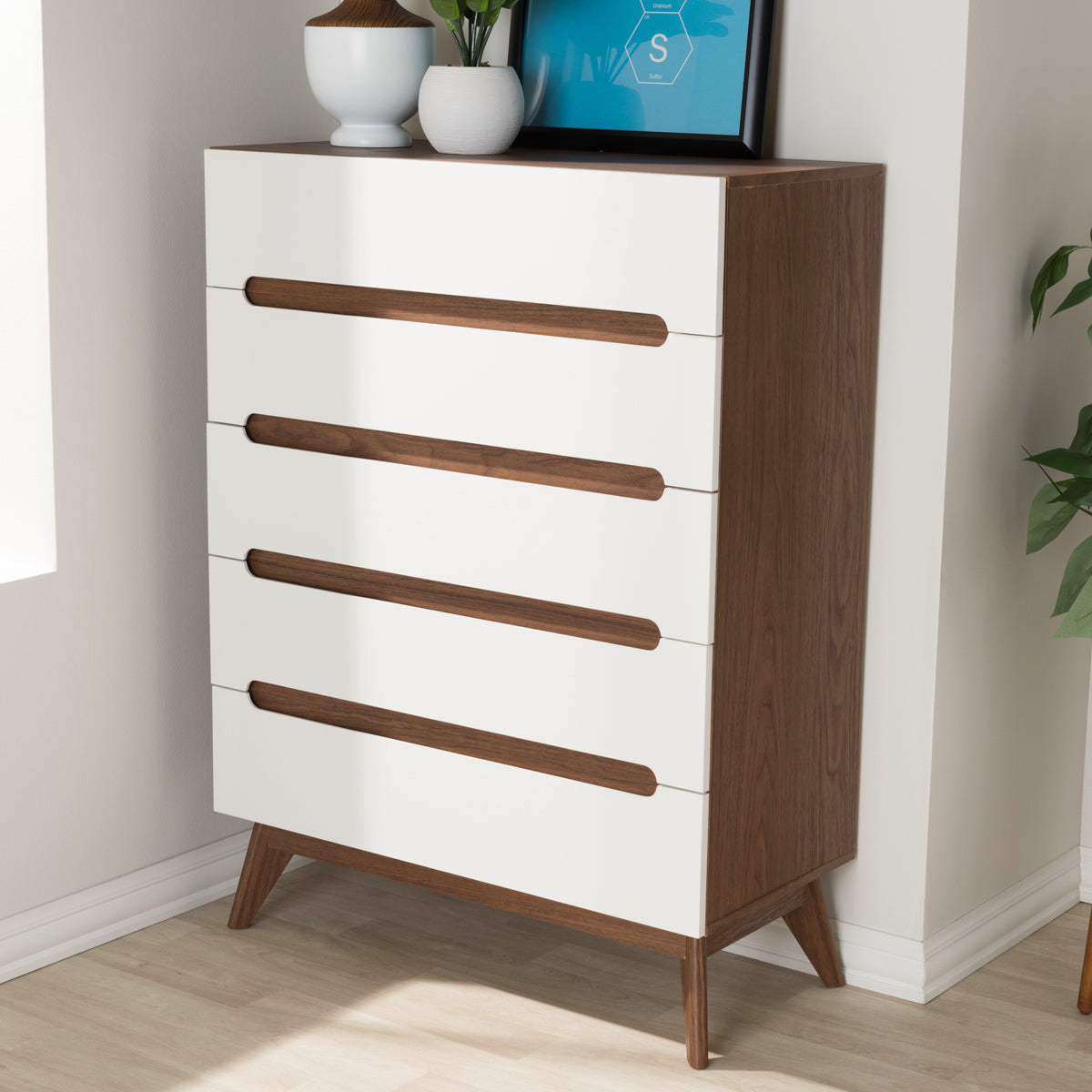 Baxton Studio Calypso Mid-Century Modern White and Walnut Wood 5-Drawer Storage Chest Baxton Studio-Dresser-Minimal And Modern - 1