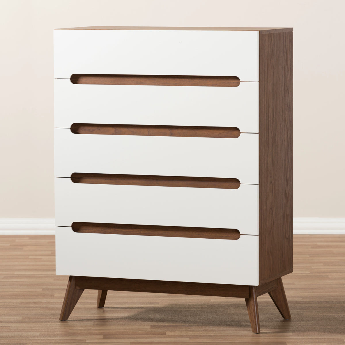 Baxton Studio Calypso Mid-Century Modern White and Walnut Wood 5-Drawer Storage Chest Baxton Studio-Dresser-Minimal And Modern - 7