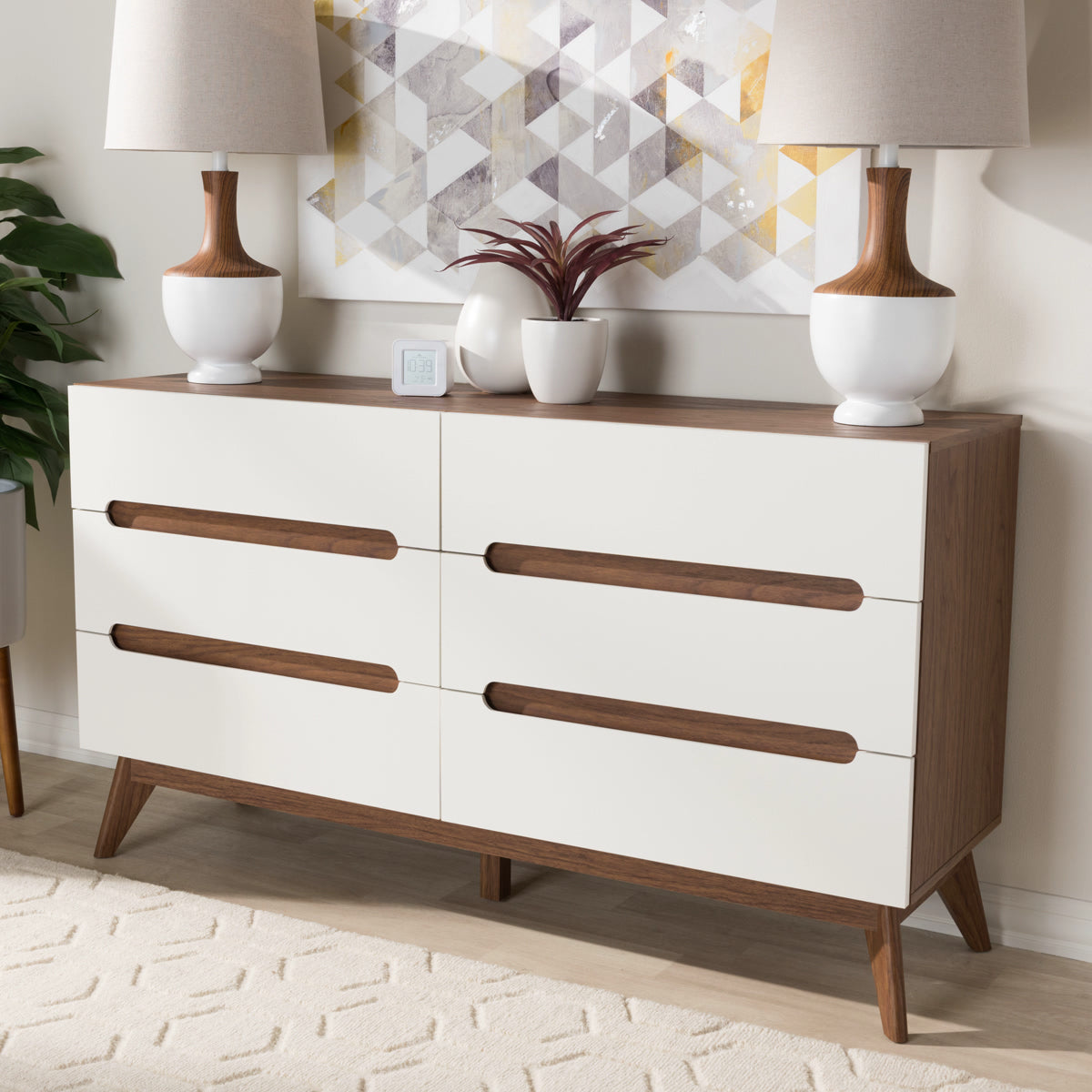 Baxton Studio Calypso Mid-Century Modern White and Walnut Wood 6-Drawer Storage Dresser Baxton Studio-Dresser-Minimal And Modern - 1