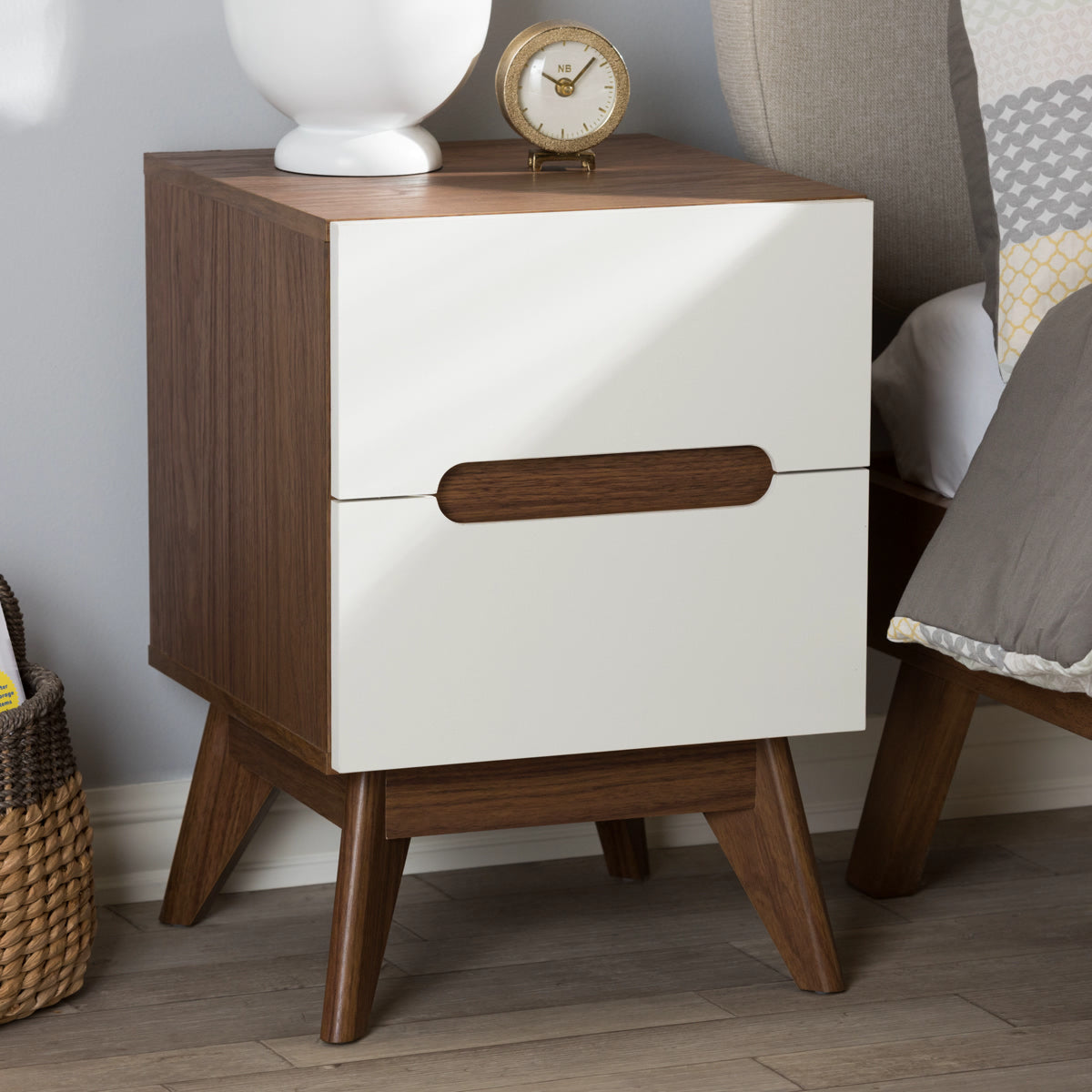 Baxton Studio Calypso Mid-Century Modern White and Walnut Wood 3-Drawer Storage Nightstand Baxton Studio-nightstands-Minimal And Modern - 1