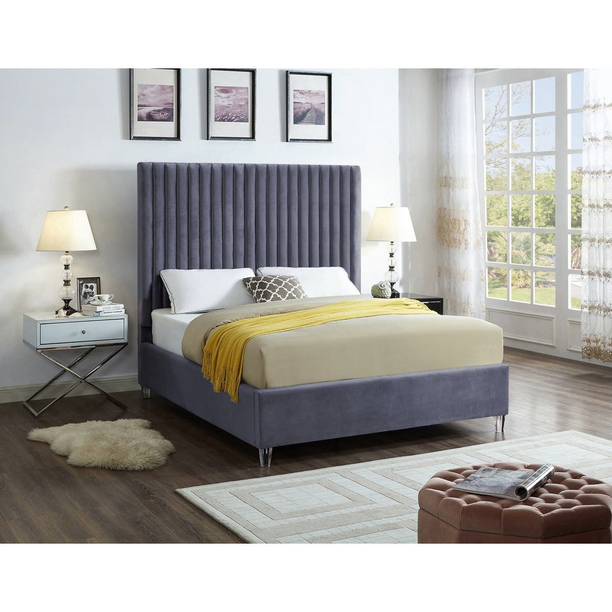 Meridian Furniture Candace Grey Velvet Queen Bed-Minimal & Modern