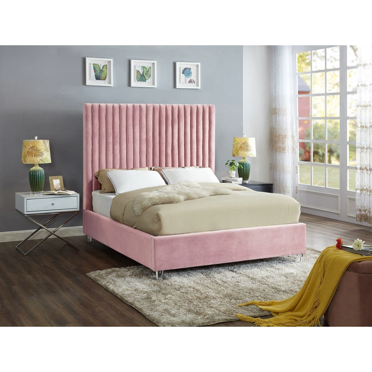 Meridian Furniture Candace Pink Velvet Full Bed-Minimal & Modern