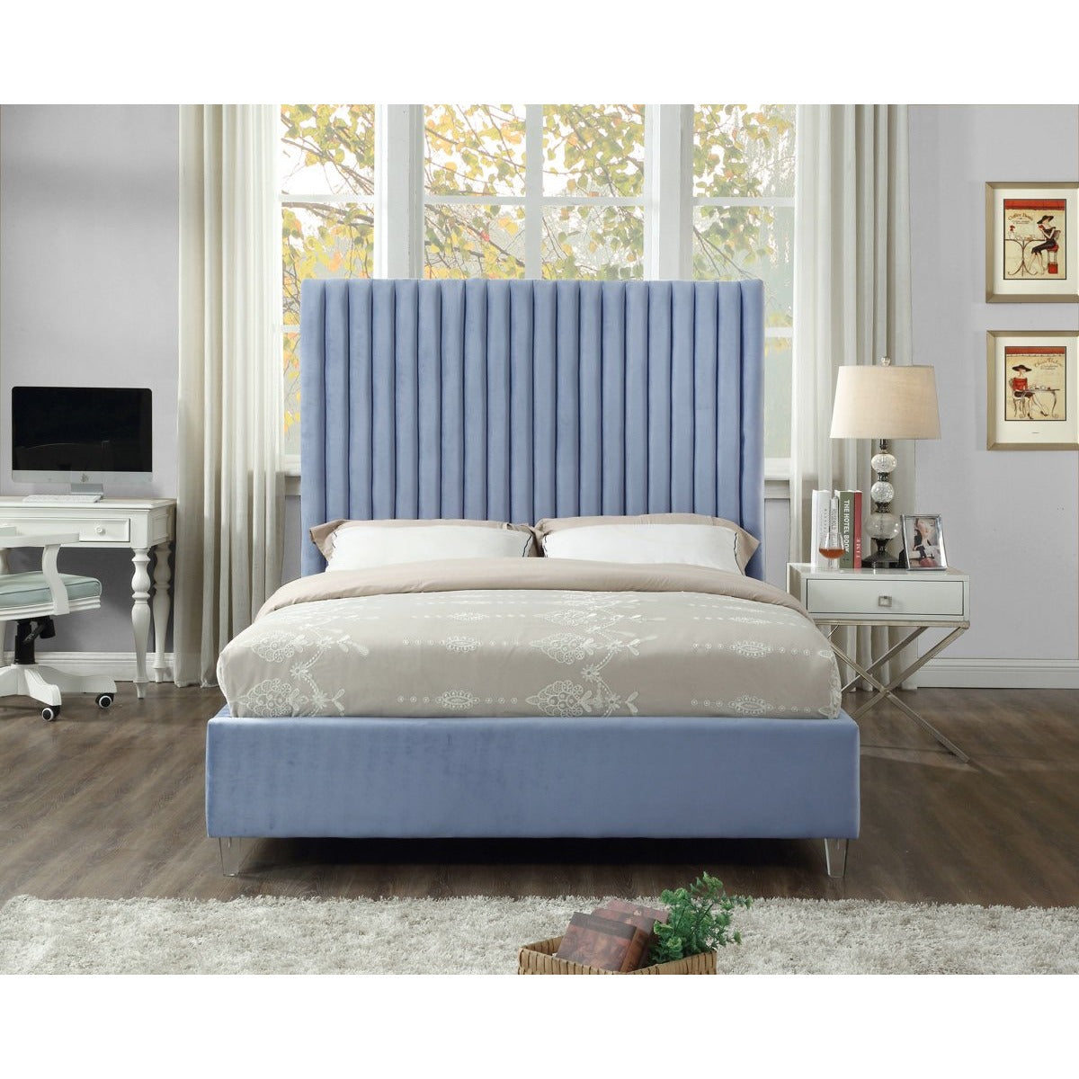 Meridian Furniture Candace Sky Blue Velvet Full Bed-Minimal & Modern