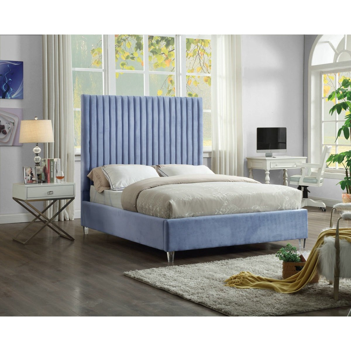 Meridian Furniture Candace Sky Blue Velvet Queen Bed-Minimal & Modern