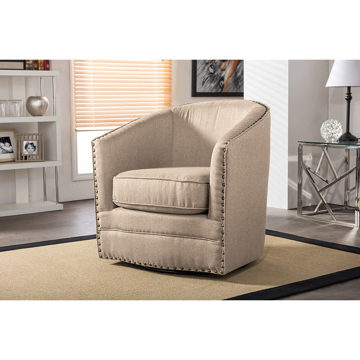 Baxton Studio Porter Modern and Contemporary Classic Retro Beige Fabric Upholstered Swivel Tub Chair Baxton Studio-chairs-Minimal And Modern - 5