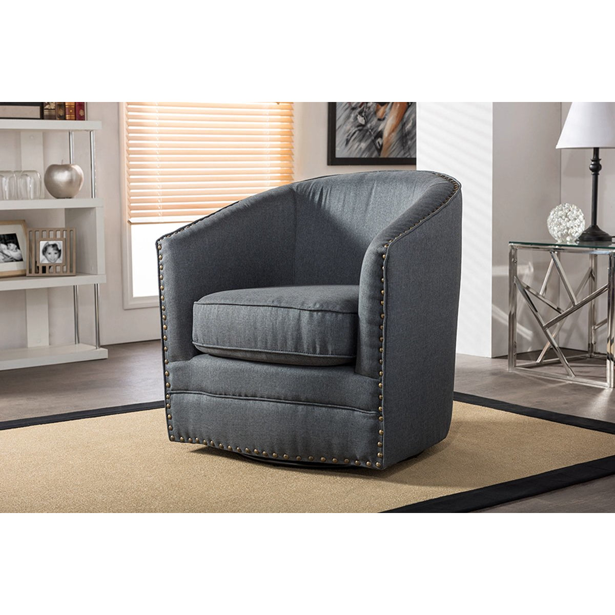 Baxton Studio Porter Modern and Contemporary Classic Retro Grey Fabric Upholstered Swivel Tub Chair Baxton Studio-chairs-Minimal And Modern - 5