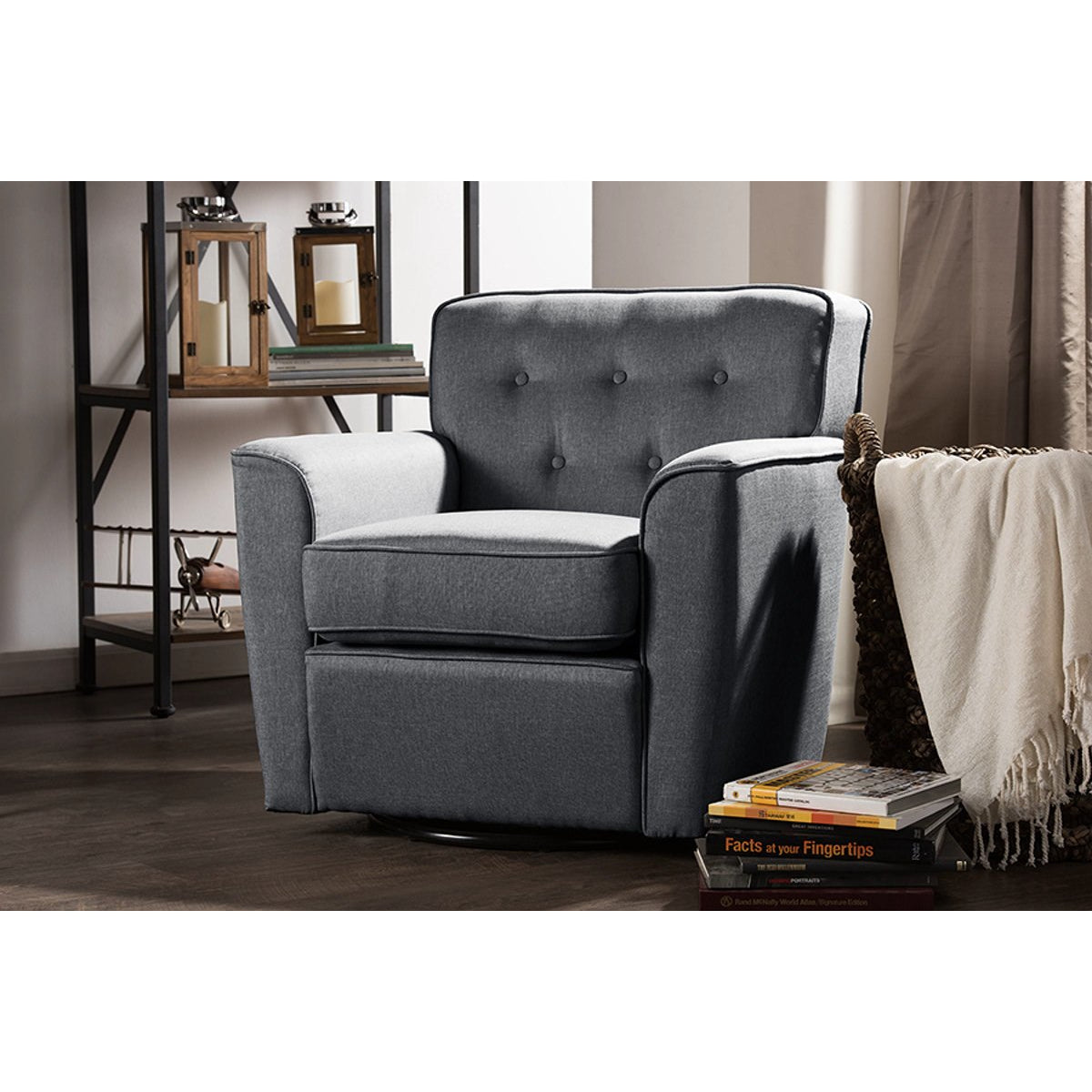 Baxton Studio Canberra Modern Retro Contemporary Grey Fabric Upholstered Button-tufted Swivel Lounge Chair with Arms Baxton Studio-chairs-Minimal And Modern - 6