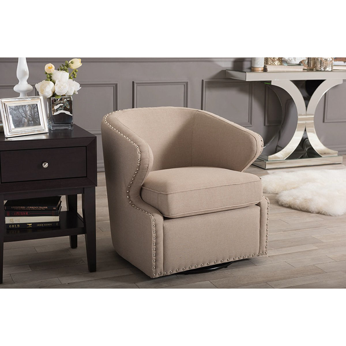 Baxton Studio Finley Mid-century Modern Beige Fabric Upholstered Swivel Armchair Baxton Studio-chairs-Minimal And Modern - 5