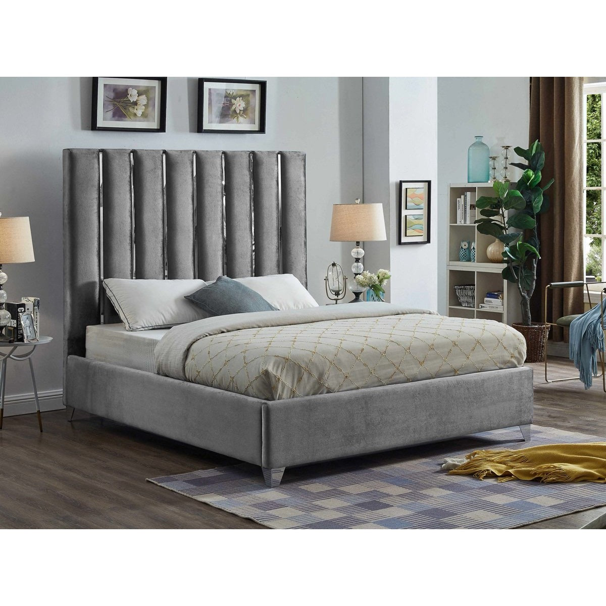 Meridian Furniture Enzo Grey Velvet Full Bed-Minimal & Modern