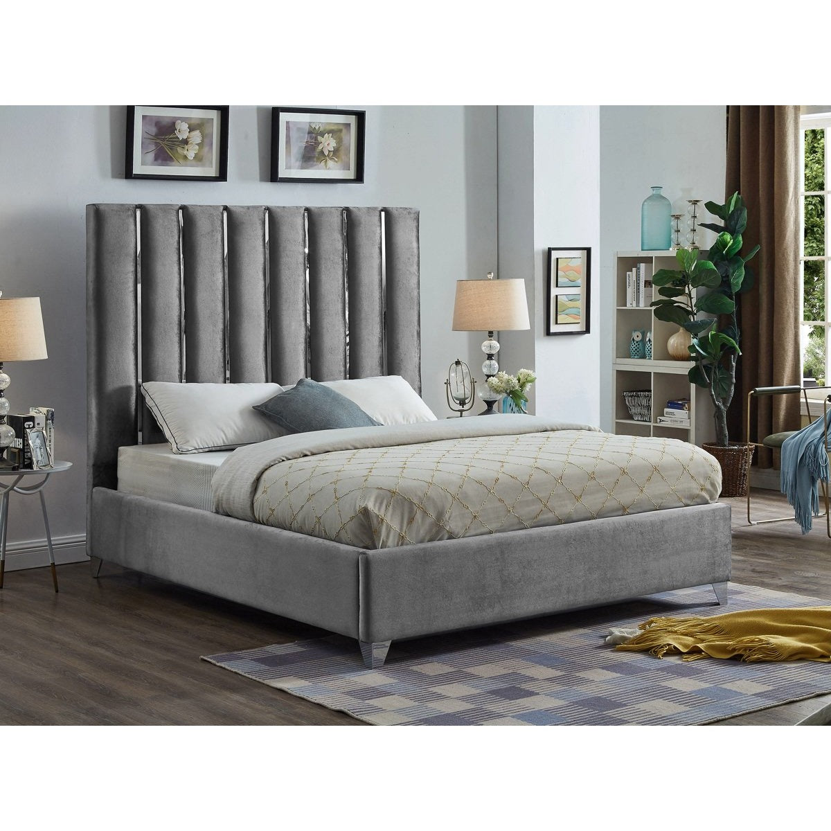 Meridian Furniture Enzo Grey Velvet King Bed-Minimal & Modern