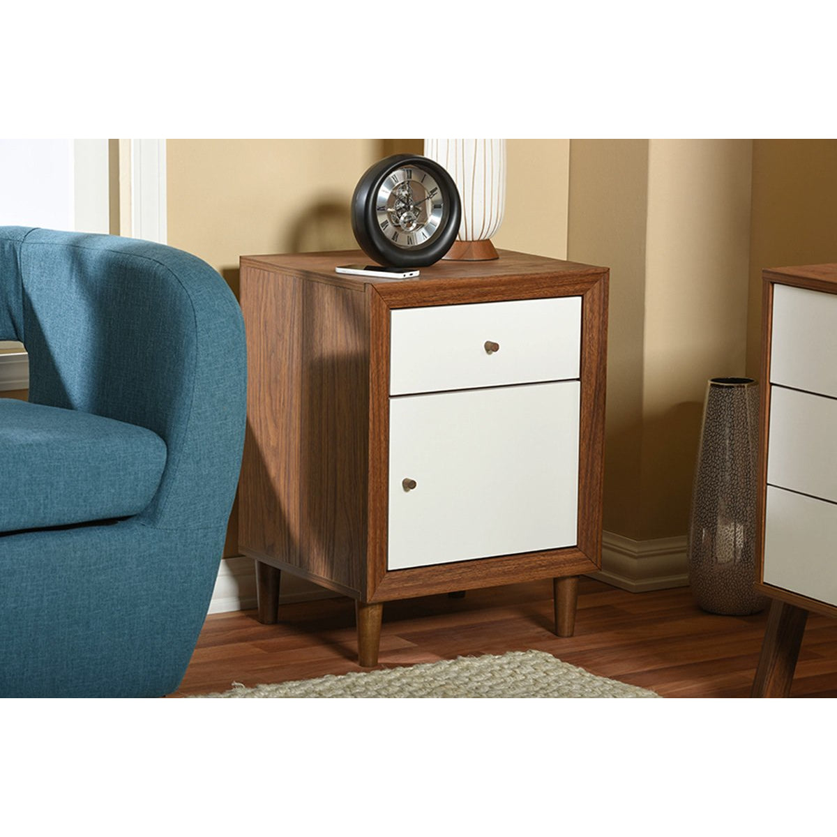 Baxton Studio Harlow Mid-century Modern Scandinavian Style White and Walnut Wood 1-drawer and 1-door Nightstand Baxton Studio-nightstands-Minimal And Modern - 5