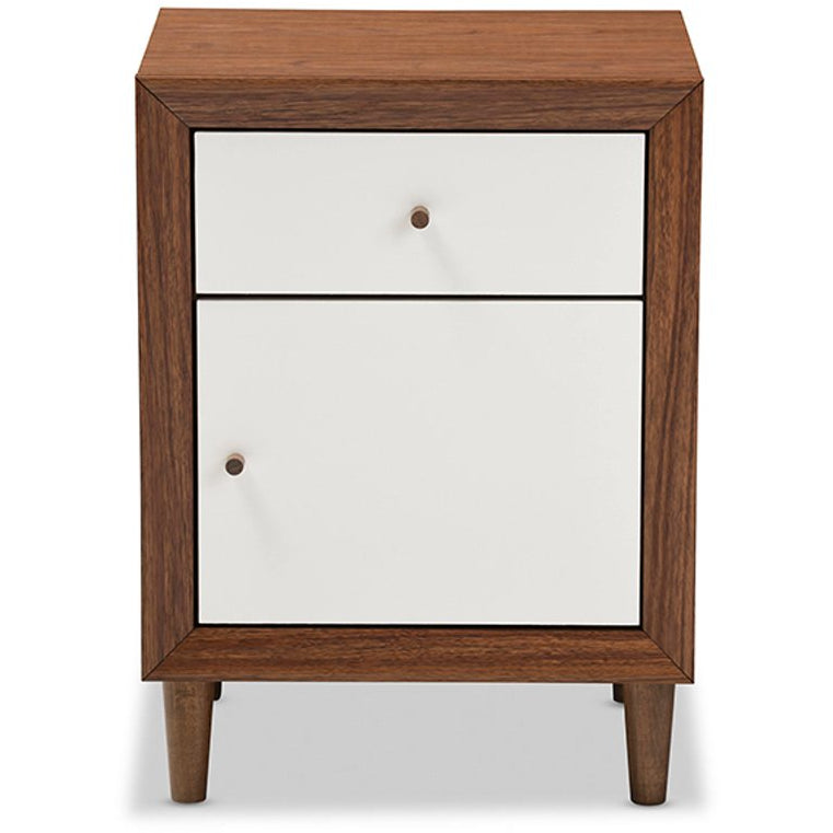 Baxton Studio Harlow Mid-century Modern Scandinavian Style White and Walnut Wood 1-drawer and 1-door Nightstand Baxton Studio-nightstands-Minimal And Modern - 1