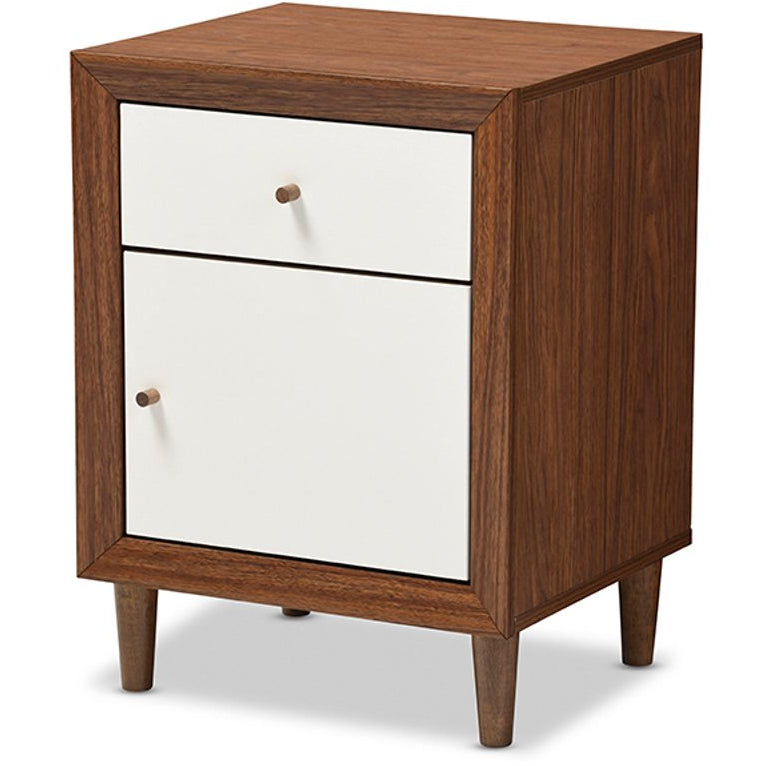 Baxton Studio Harlow Mid-century Modern Scandinavian Style White and Walnut Wood 1-drawer and 1-door Nightstand Baxton Studio-nightstands-Minimal And Modern - 2